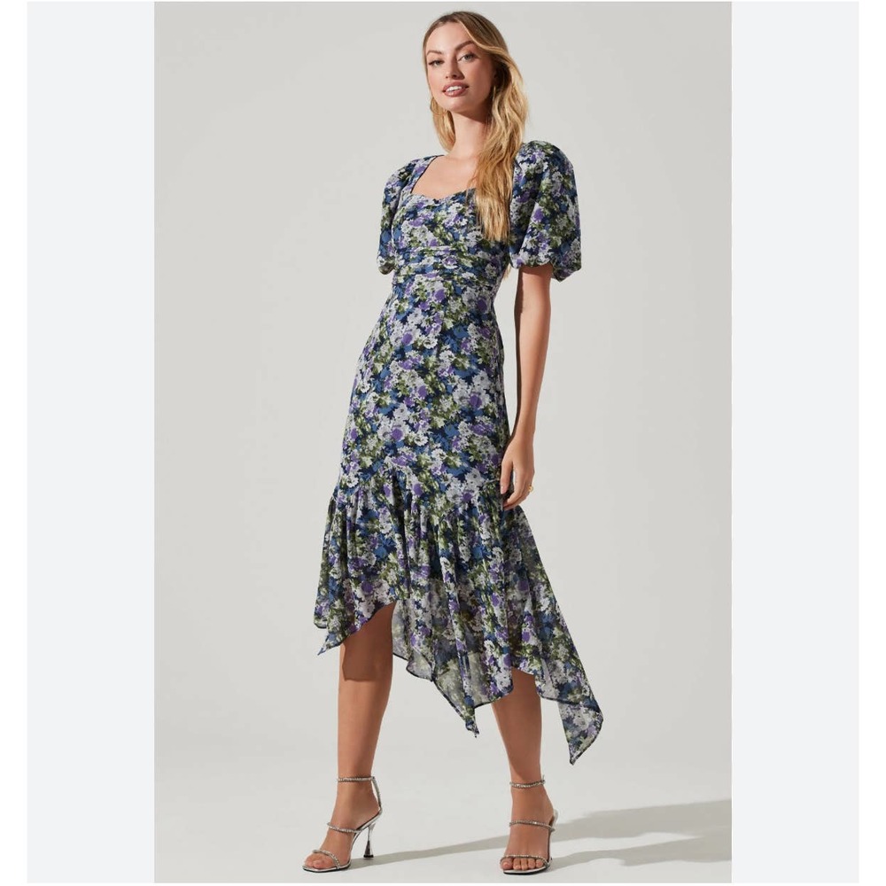 Astr Floral Midi Dress in Blue and Green